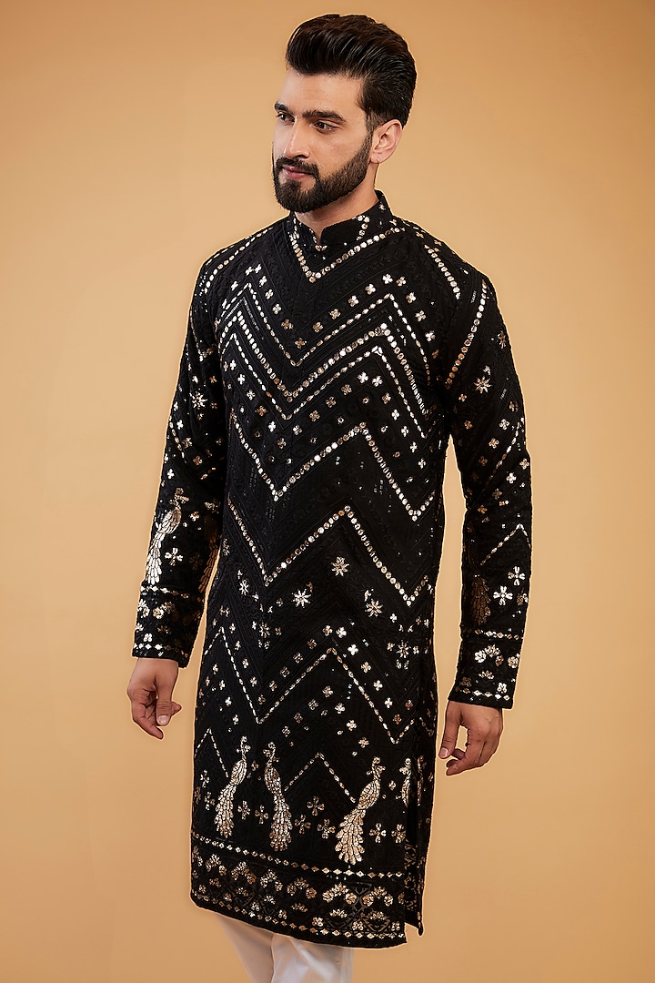 Black Georgette Floral Thread Work Kurta by Kasbah Clothing at Pernia's Pop Up Shop