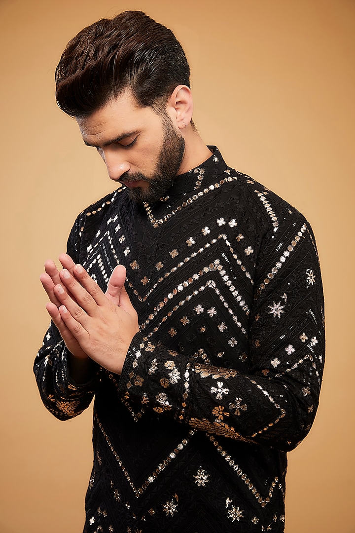 Black Georgette Floral Thread Work Kurta by Kasbah Clothing at Pernia's Pop Up Shop