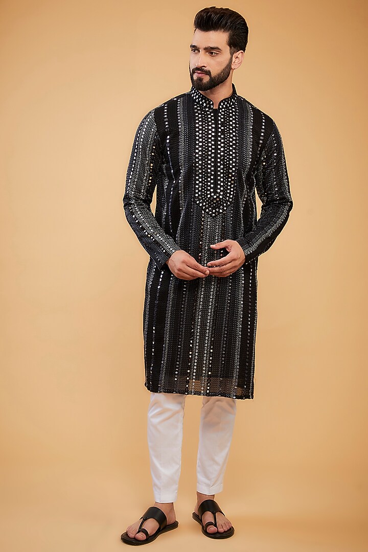 Black Georgette Mirror Hand Embroidered Kurta by Kasbah Clothing at Pernia's Pop Up Shop