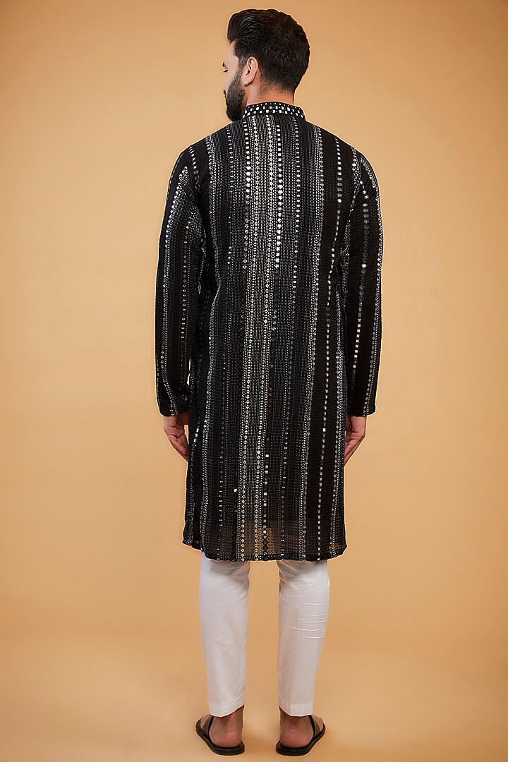 Black Georgette Mirror Hand Embroidered Kurta by Kasbah Clothing at Pernia's Pop Up Shop