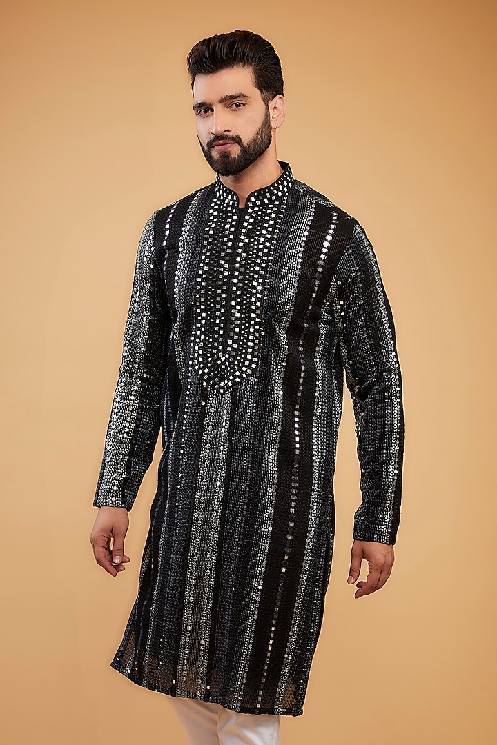 Black Georgette Mirror Hand Embroidered Kurta by Kasbah Clothing