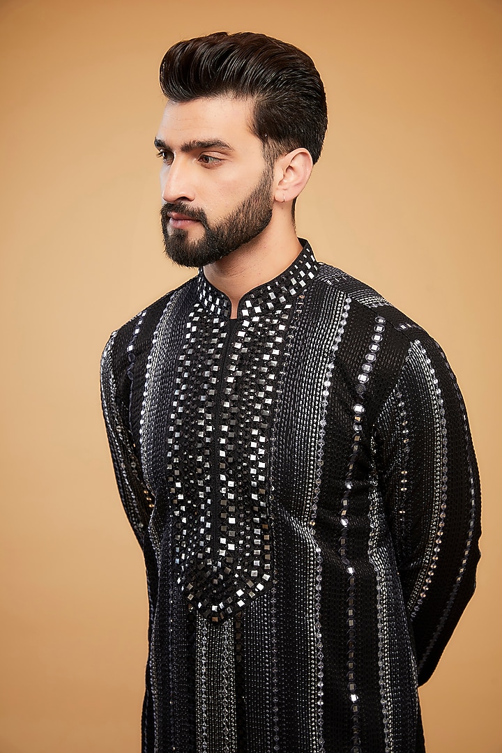 Black Georgette Mirror Hand Embroidered Kurta by Kasbah Clothing at Pernia's Pop Up Shop