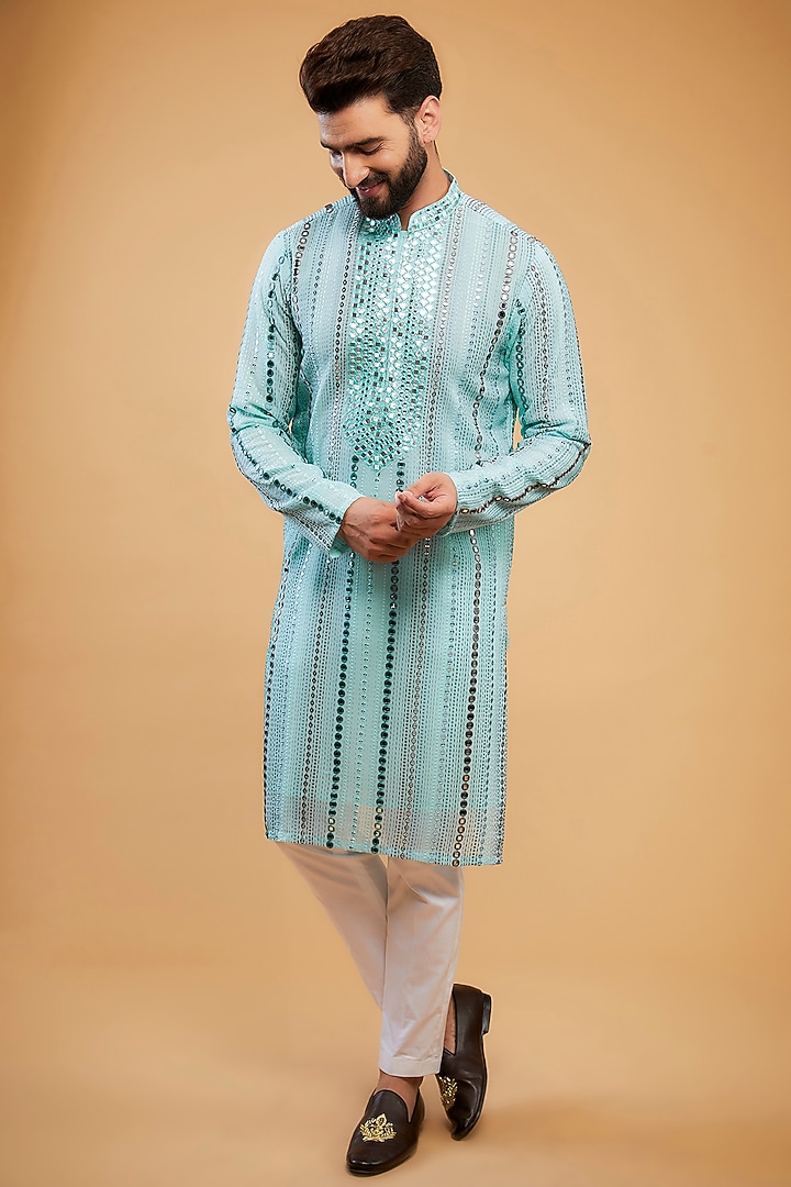 Powder Blue Georgette Mirror Hand Embroidered Kurta by Kasbah Clothing at Pernia's Pop Up Shop
