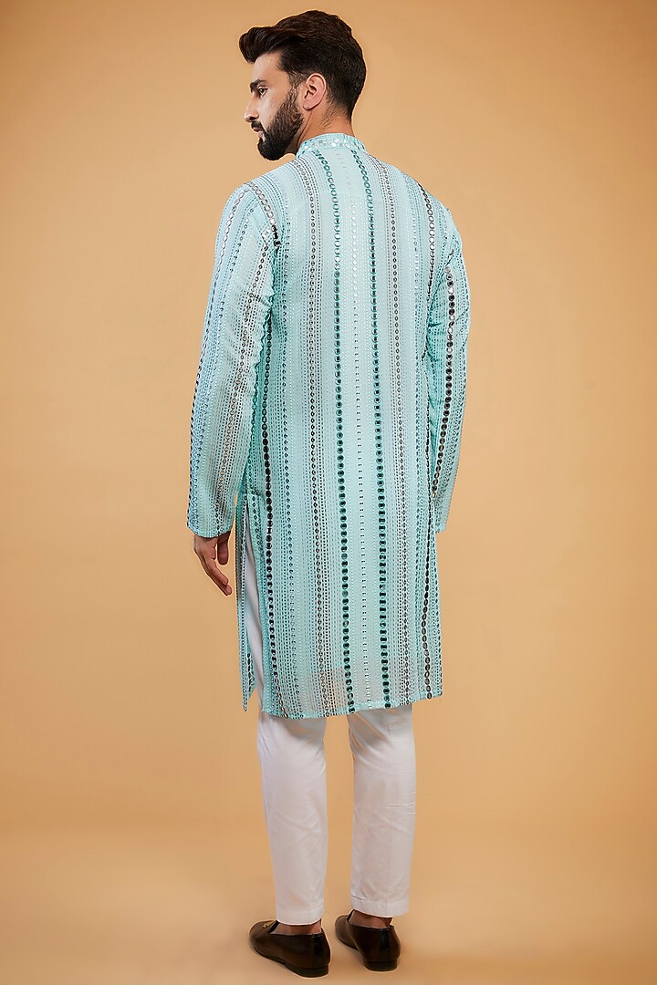 Powder Blue Georgette Mirror Hand Embroidered Kurta by Kasbah Clothing at Pernia's Pop Up Shop