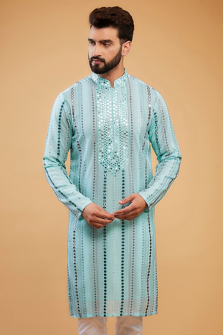 Powder Blue Georgette Mirror Hand Embroidered Kurta by Kasbah Clothing at Pernia's Pop Up Shop