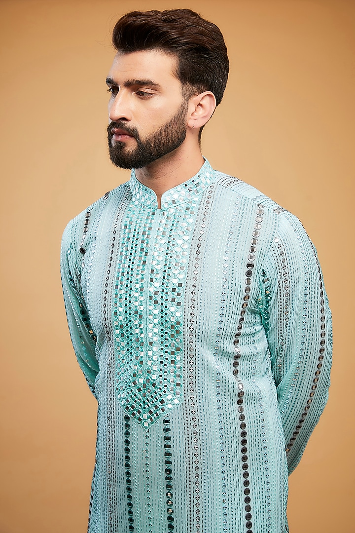 Powder Blue Georgette Mirror Hand Embroidered Kurta by Kasbah Clothing at Pernia's Pop Up Shop