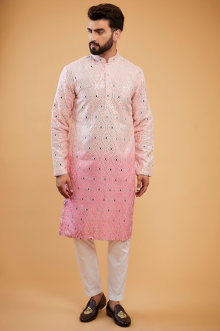 Pink Ombre Silk Mirror Work Kurta by Kasbah Clothing at Pernia's Pop Up Shop