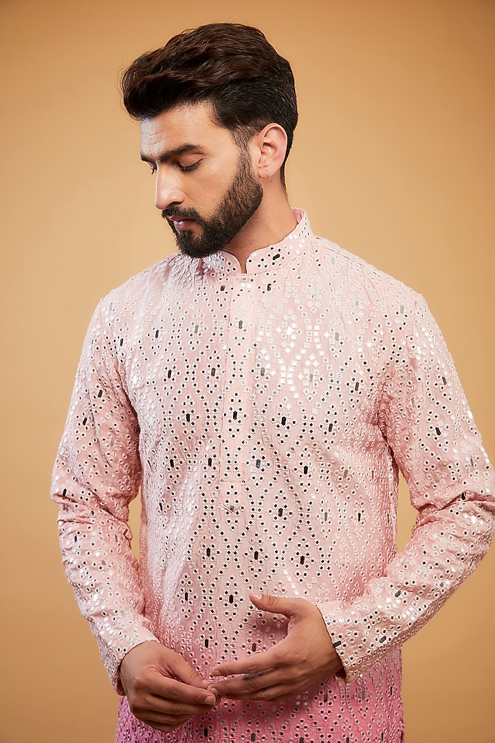 Pink Ombre Silk Mirror Work Kurta by Kasbah Clothing at Pernia's Pop Up Shop