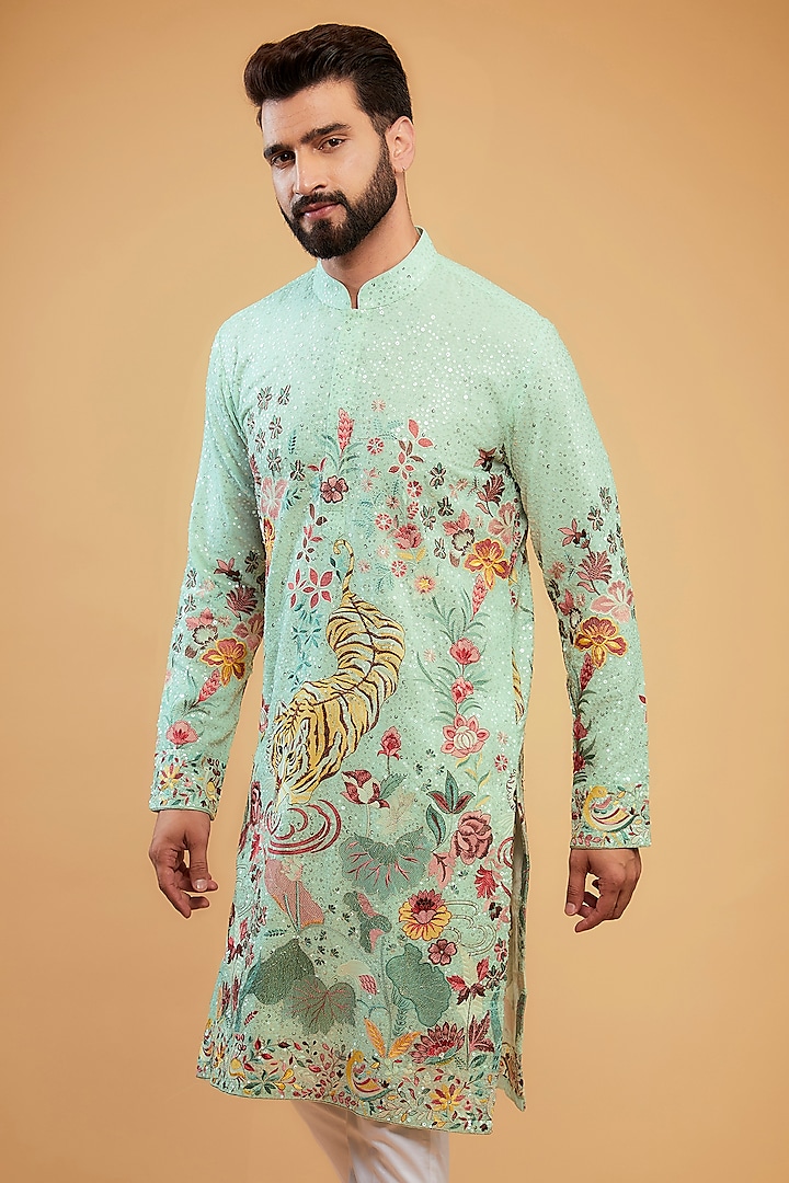 Mint Green Georgette Sequin Embroidered Kurta by Kasbah Clothing at Pernia's Pop Up Shop