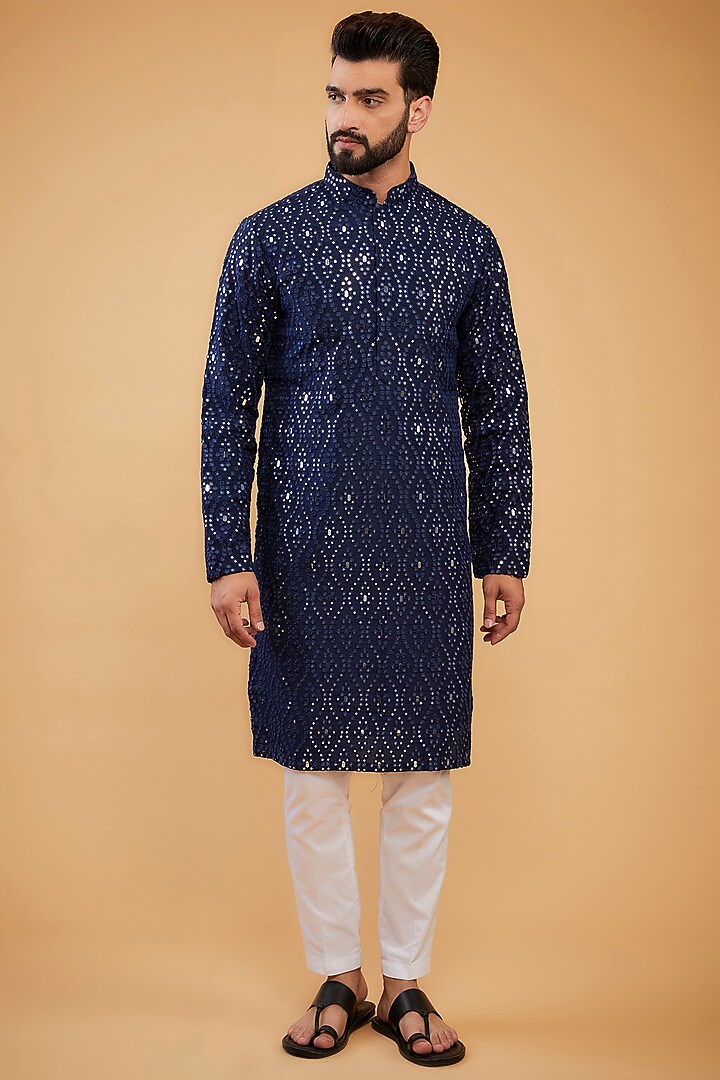 Deep Blue Silk Mirror Embellished Kurta by Kasbah Clothing at Pernia's Pop Up Shop