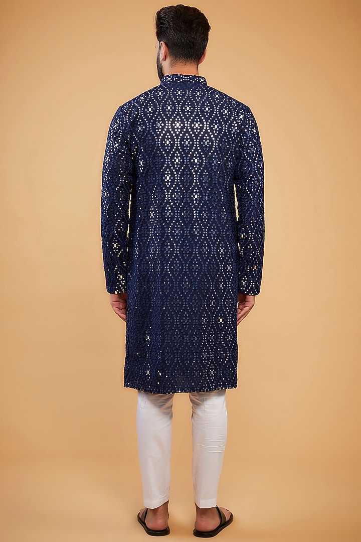 Deep Blue Silk Mirror Embellished Kurta by Kasbah Clothing at Pernia's Pop Up Shop