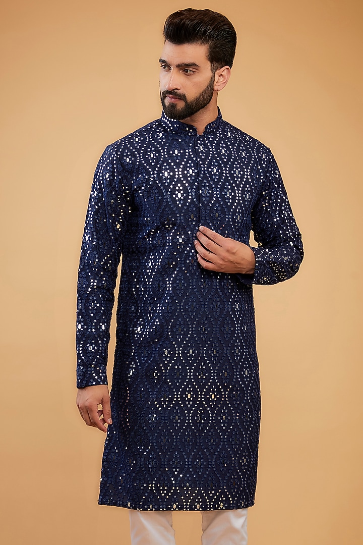 Deep Blue Silk Mirror Embellished Kurta by Kasbah Clothing at Pernia's Pop Up Shop