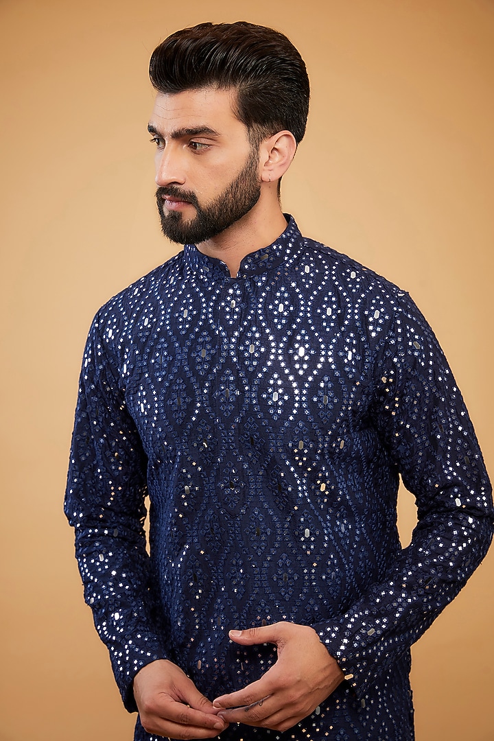 Deep Blue Silk Mirror Embellished Kurta by Kasbah Clothing at Pernia's Pop Up Shop