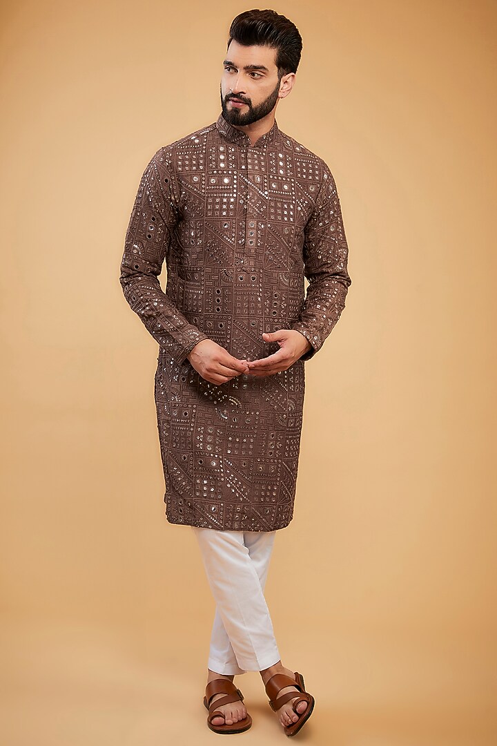 Mauve-Taupe Silk Thread Work Kurta by Kasbah Clothing at Pernia's Pop Up Shop