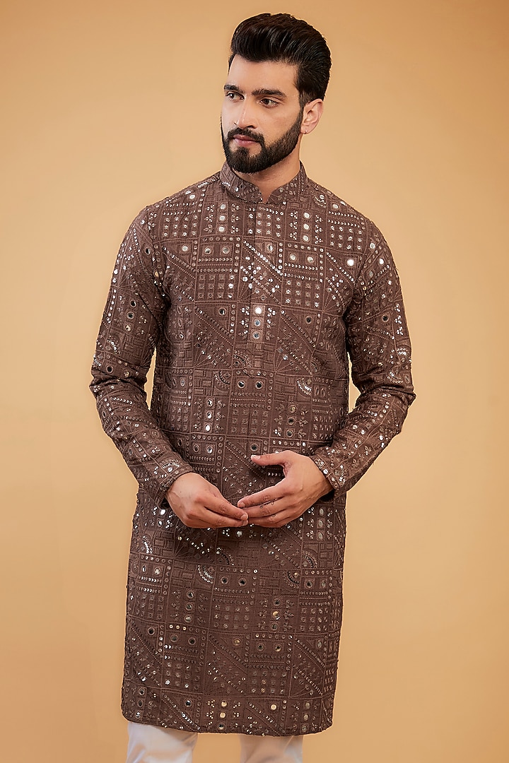 Mauve-Taupe Silk Thread Work Kurta by Kasbah Clothing