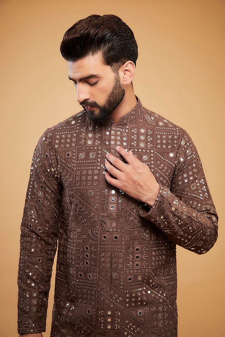 Mauve-Taupe Silk Thread Work Kurta by Kasbah Clothing at Pernia's Pop Up Shop
