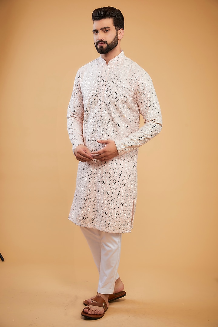 Baby Pink Silk Mirror Embellished Kurta by Kasbah Clothing at Pernia's Pop Up Shop