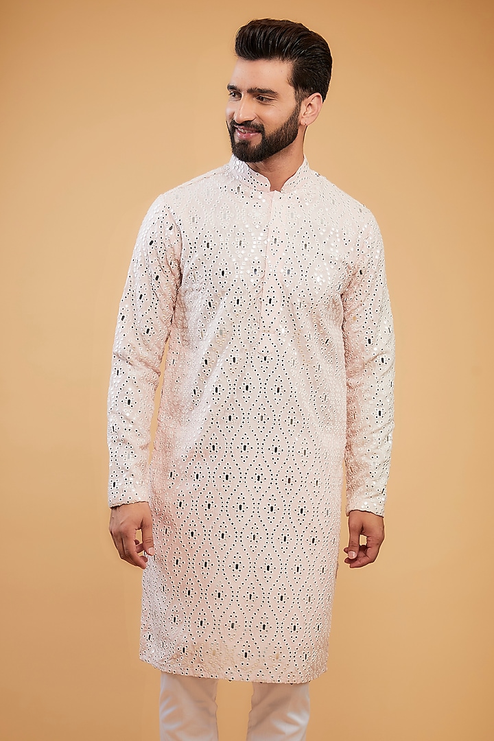 Baby Pink Silk Mirror Embellished Kurta by Kasbah Clothing