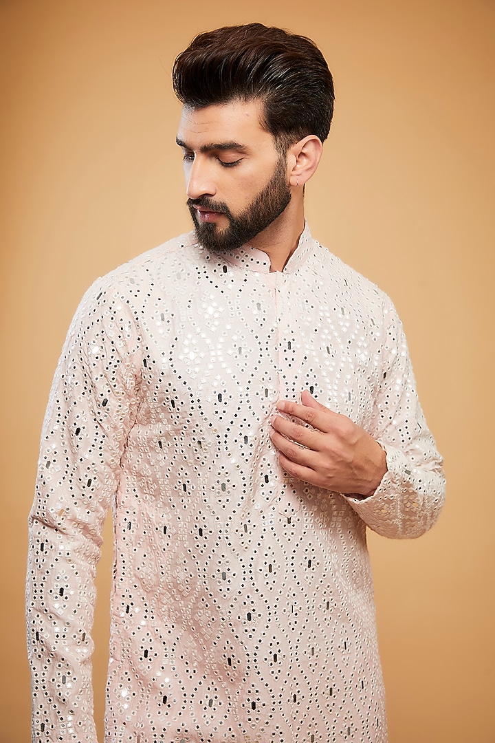 Baby Pink Silk Mirror Embellished Kurta by Kasbah Clothing at Pernia's Pop Up Shop