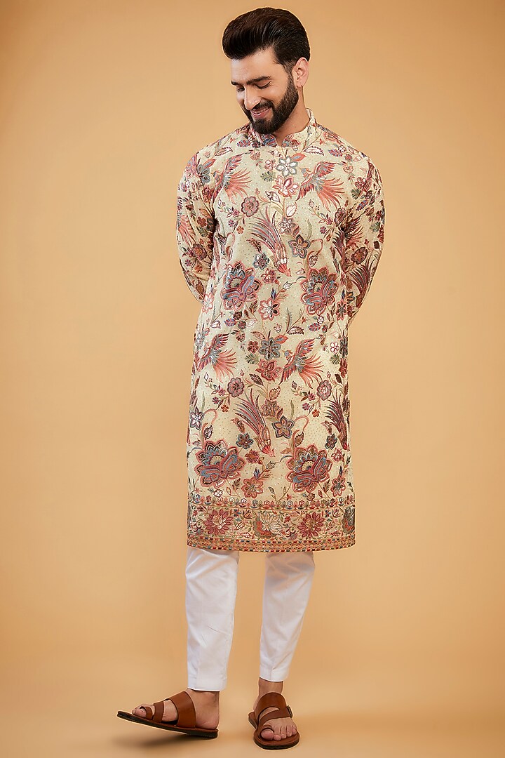Beige Georgette Leather Patch Work Kurta by Kasbah Clothing at Pernia's Pop Up Shop