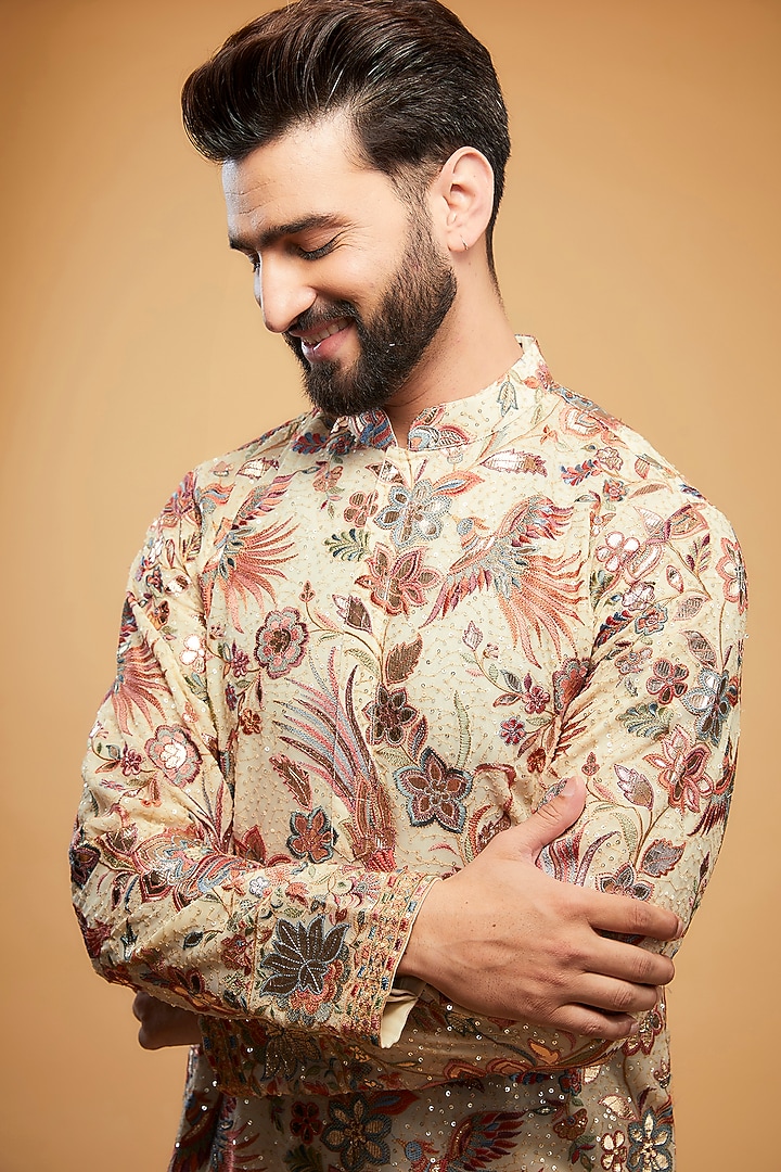 Beige Georgette Leather Patch Work Kurta by Kasbah Clothing at Pernia's Pop Up Shop