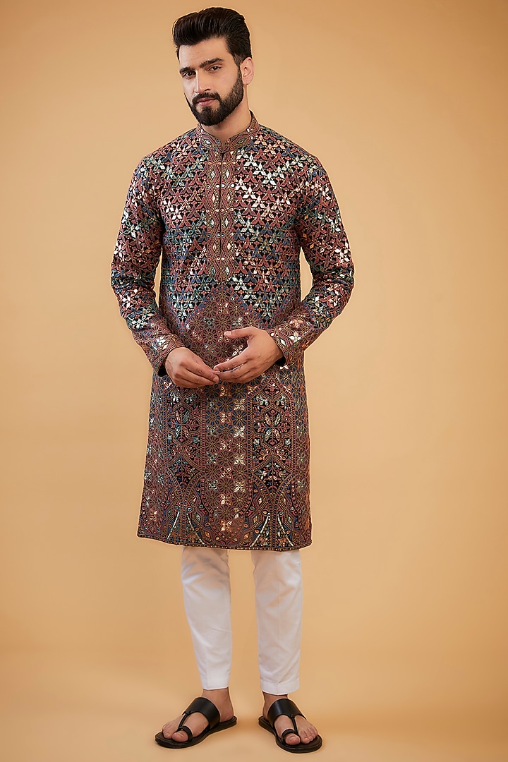 Black Chikankari Leather Patch Work Kurta by Kasbah Clothing at Pernia's Pop Up Shop