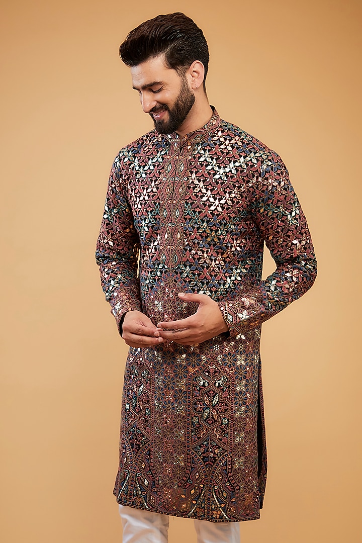 Black Chikankari Leather Patch Work Kurta by Kasbah Clothing