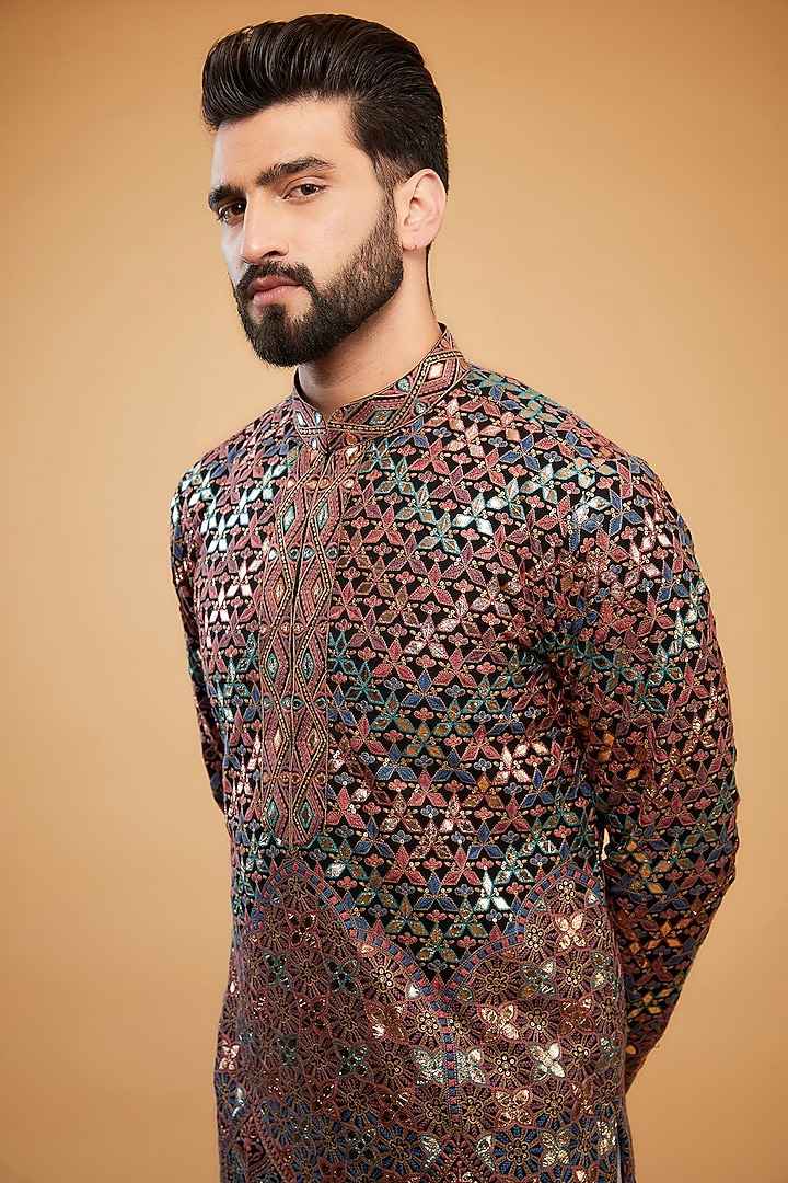Black Chikankari Leather Patch Work Kurta by Kasbah Clothing at Pernia's Pop Up Shop