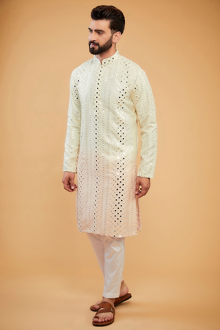 Cream & Baby Pink Ombre Silk Mirror Work Kurta by Kasbah Clothing at Pernia's Pop Up Shop