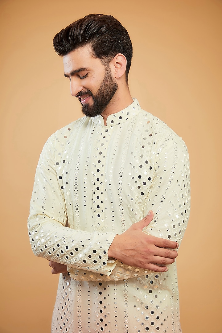 Cream & Baby Pink Ombre Silk Mirror Work Kurta by Kasbah Clothing at Pernia's Pop Up Shop