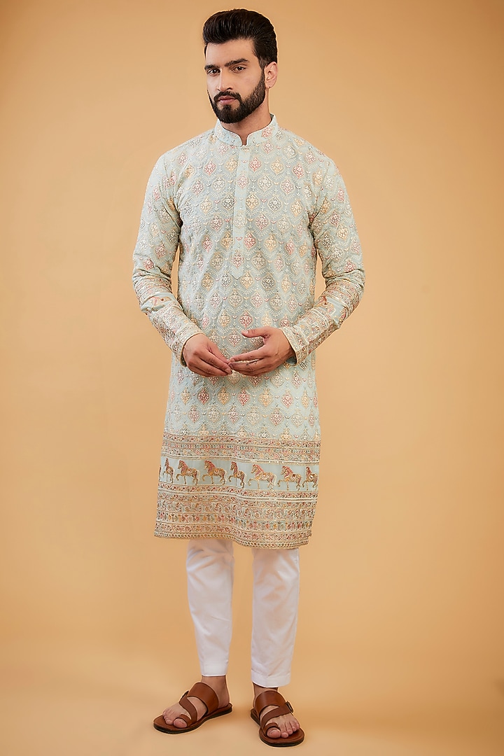 Powder Blue Georgette Embroidered Kurta by Kasbah Clothing at Pernia's Pop Up Shop