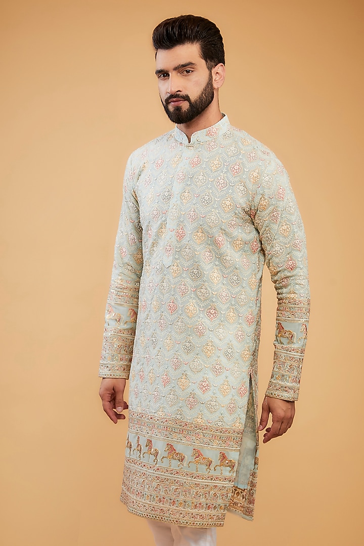 Powder Blue Georgette Embroidered Kurta by Kasbah Clothing at Pernia's Pop Up Shop