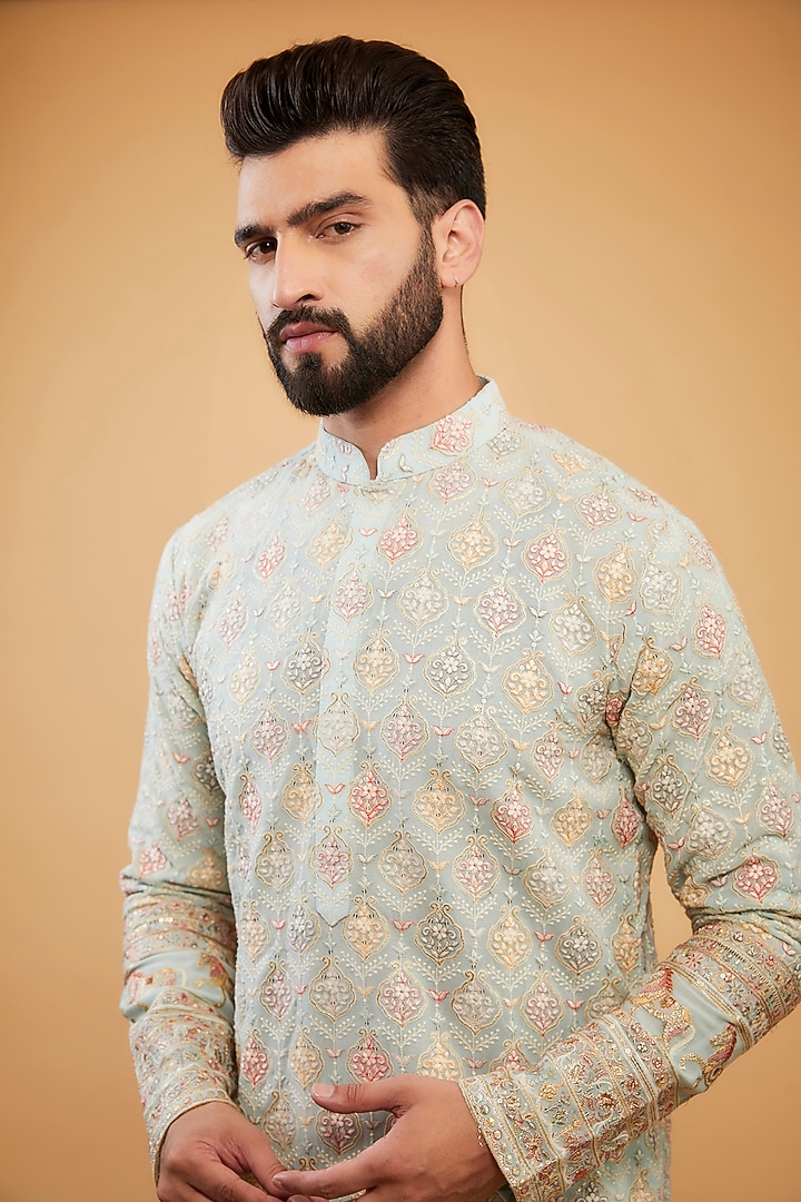 Powder Blue Georgette Embroidered Kurta by Kasbah Clothing at Pernia's Pop Up Shop