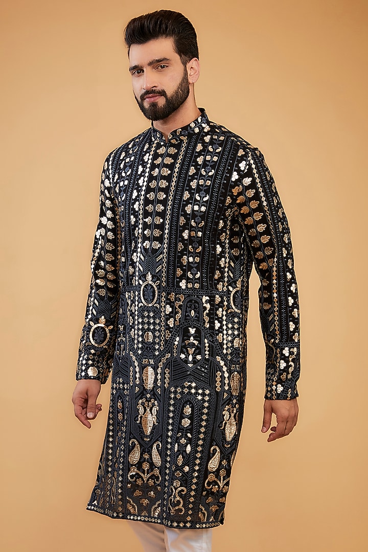 Black Georgette Patch Work Kurta by Kasbah Clothing at Pernia's Pop Up Shop