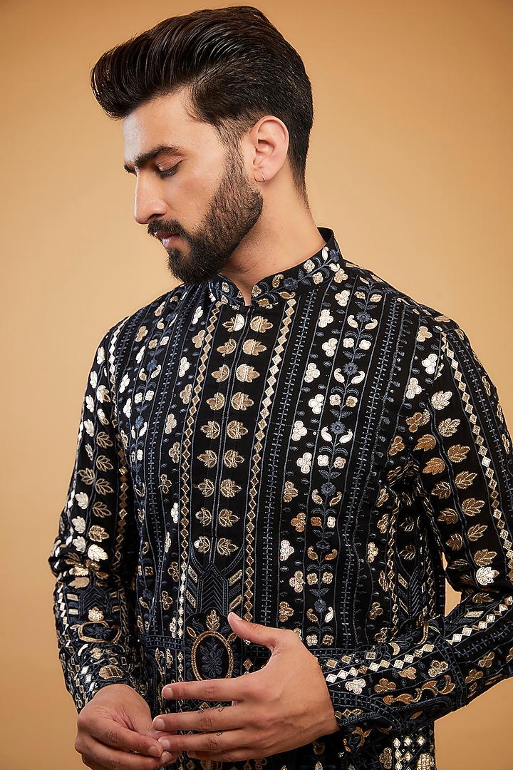 Black Georgette Patch Work Kurta by Kasbah Clothing at Pernia's Pop Up Shop