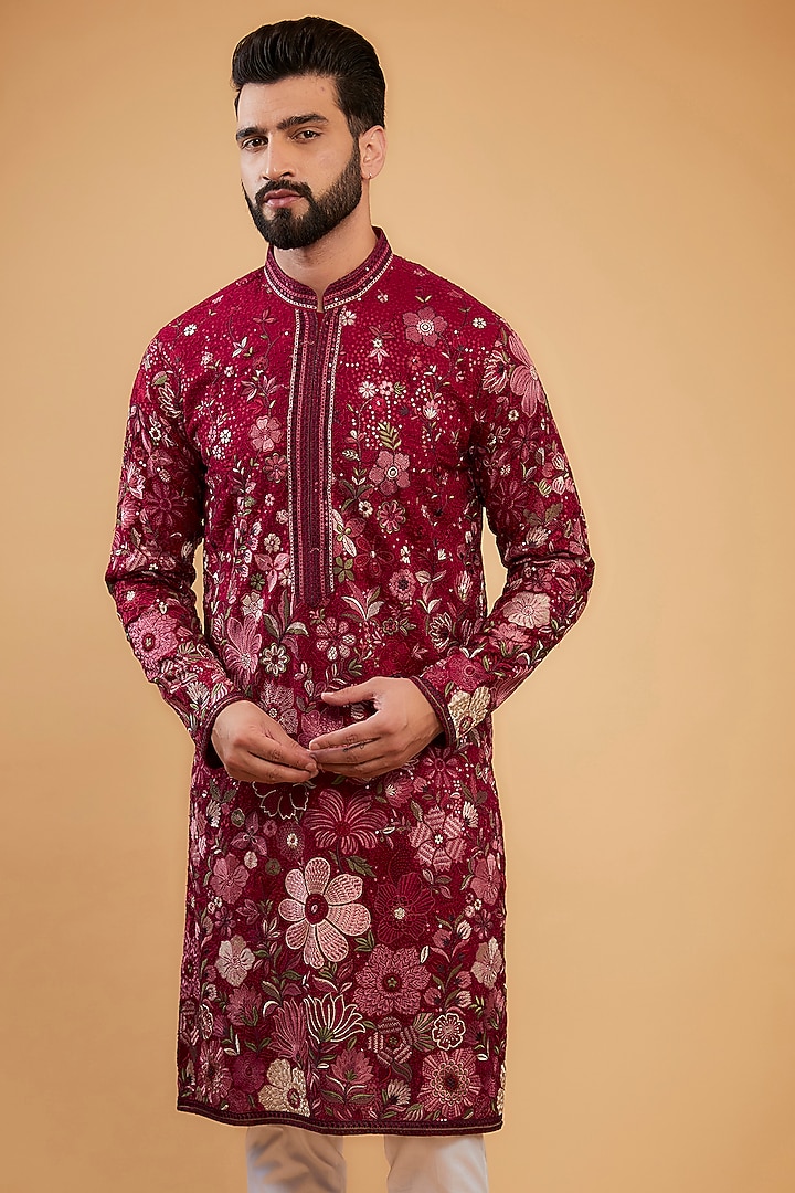 Hot Pink Georgette Embroidered Chikankari Kurta by Kasbah Clothing at Pernia's Pop Up Shop