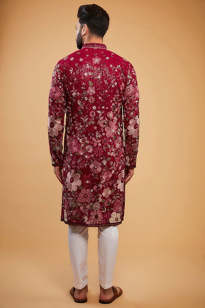 Hot Pink Georgette Embroidered Chikankari Kurta by Kasbah Clothing at Pernia's Pop Up Shop