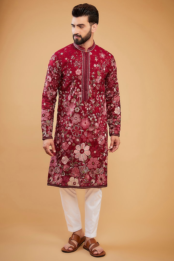 Hot Pink Georgette Embroidered Chikankari Kurta by Kasbah Clothing at Pernia's Pop Up Shop