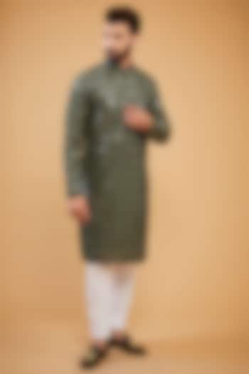 Military Green Silk Mirror Embellished Kurta by Kasbah Clothing