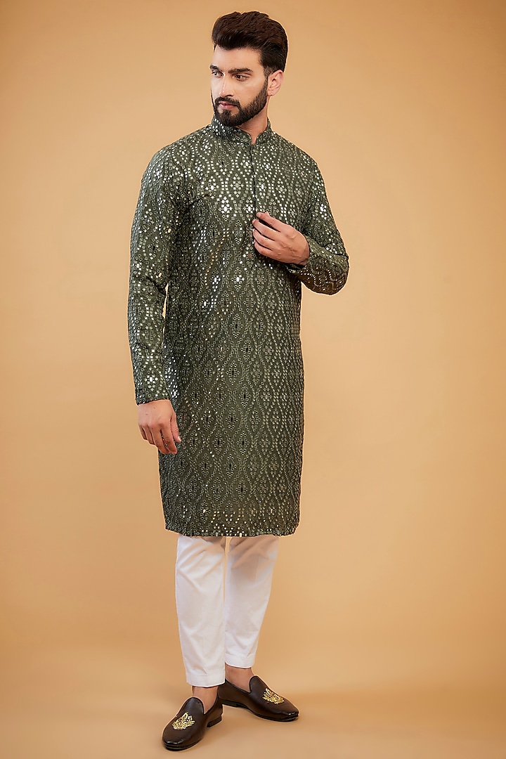 Military Green Silk Mirror Embellished Kurta by Kasbah Clothing