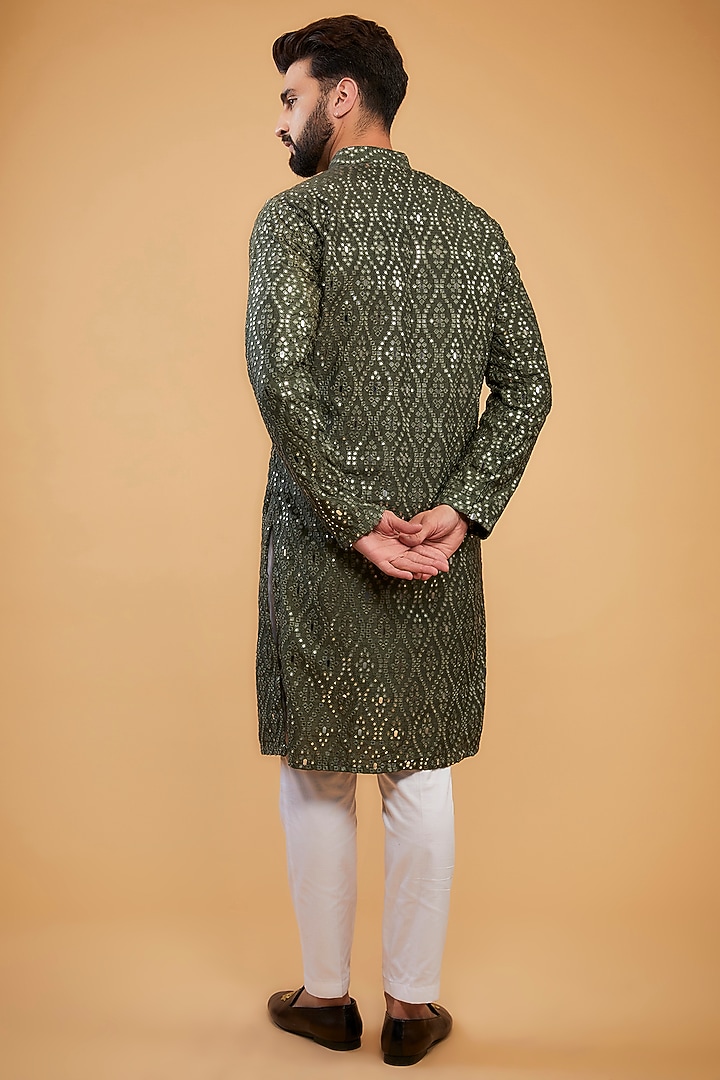 Military Green Silk Mirror Embellished Kurta by Kasbah Clothing at Pernia's Pop Up Shop