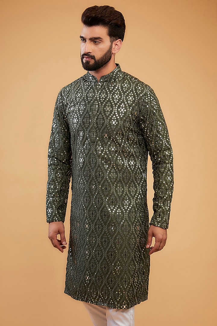 Military Green Silk Mirror Embellished Kurta by Kasbah Clothing at Pernia's Pop Up Shop