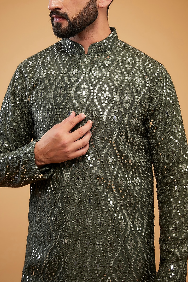 Military Green Silk Mirror Embellished Kurta by Kasbah Clothing at Pernia's Pop Up Shop