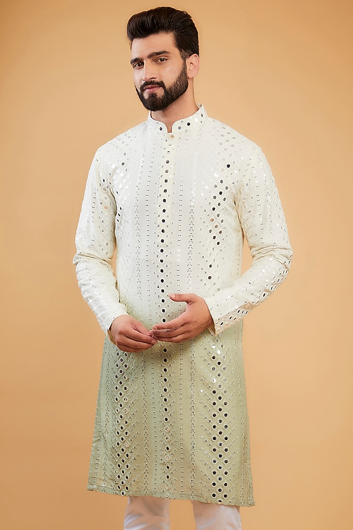 Cream & Sage Green Ombre Silk Mirror Work Kurta by Kasbah Clothing at Pernia's Pop Up Shop