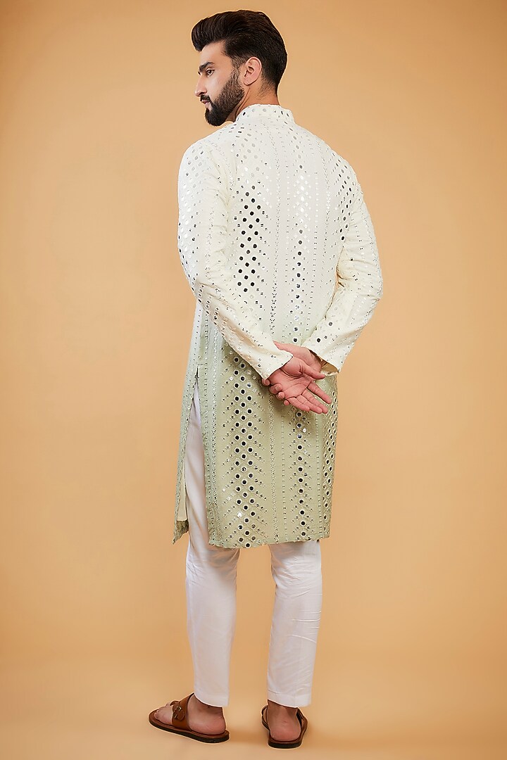 Cream & Sage Green Ombre Silk Mirror Work Kurta by Kasbah Clothing at Pernia's Pop Up Shop