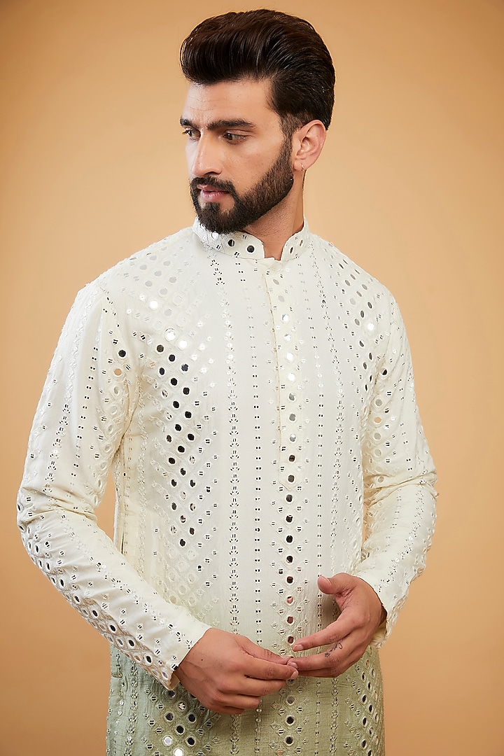 Cream & Sage Green Ombre Silk Mirror Work Kurta by Kasbah Clothing at Pernia's Pop Up Shop