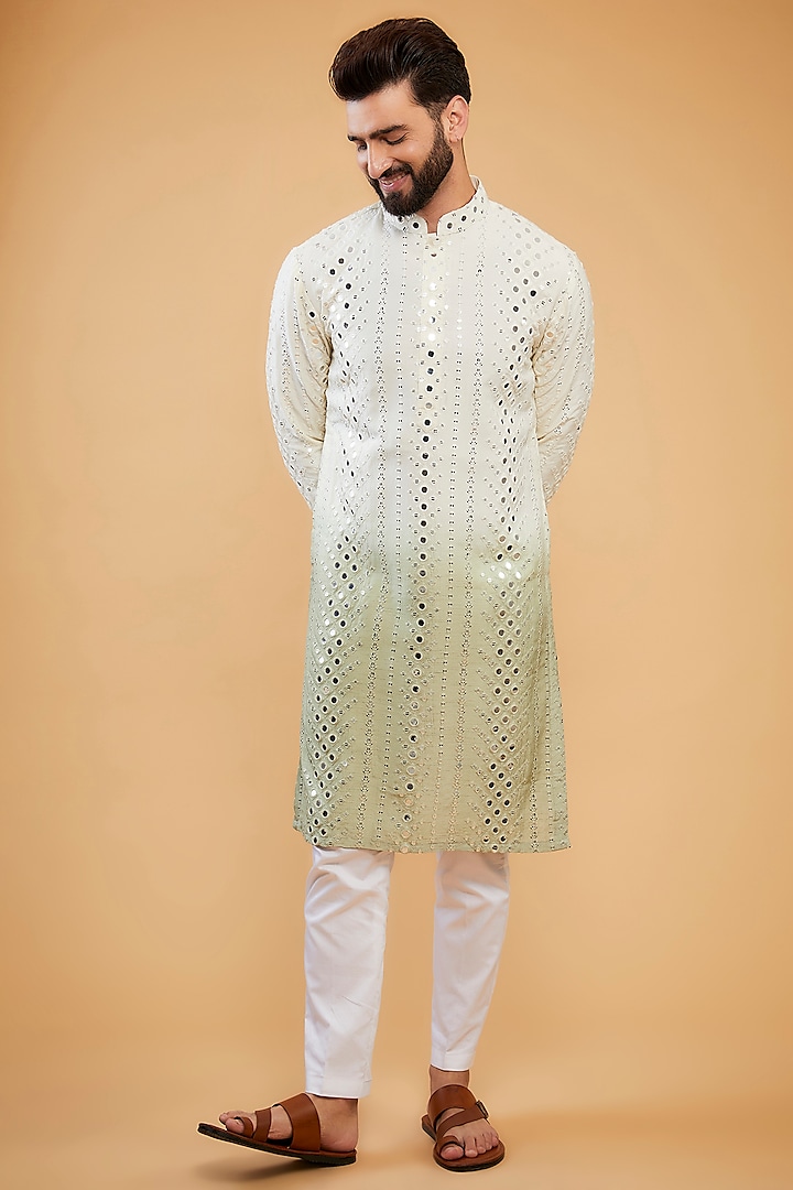 Cream & Sage Green Ombre Silk Mirror Work Kurta by Kasbah Clothing