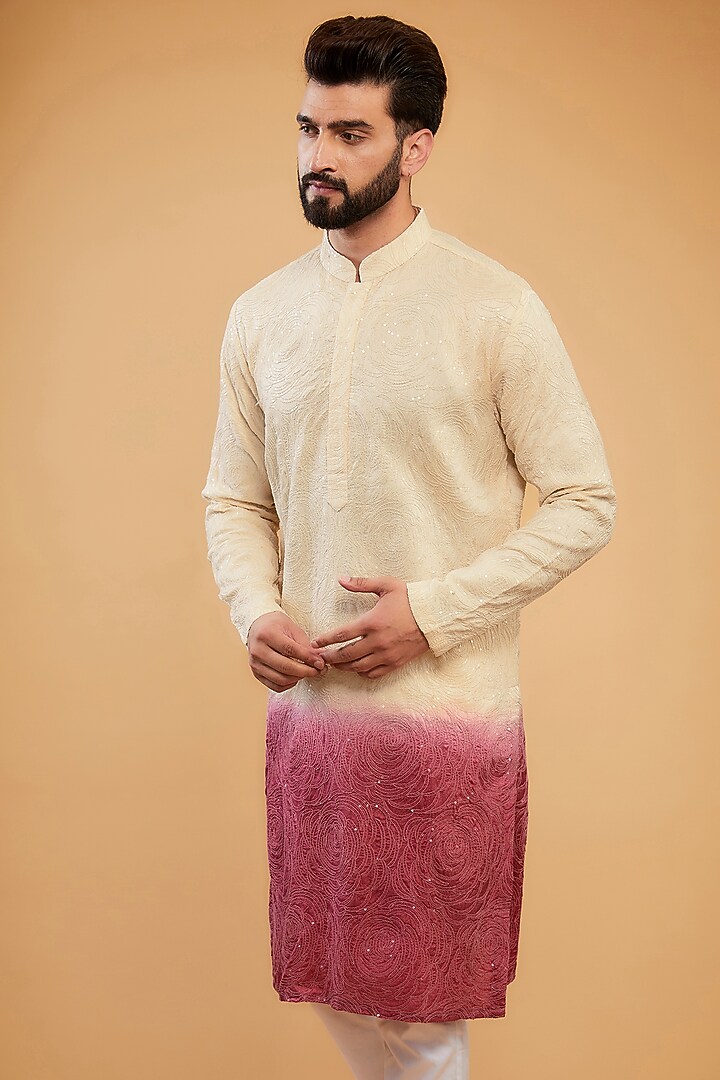 Cream & Fuchsia Pink Ombre Silk Embroidered Chikankari Kurta by Kasbah Clothing at Pernia's Pop Up Shop