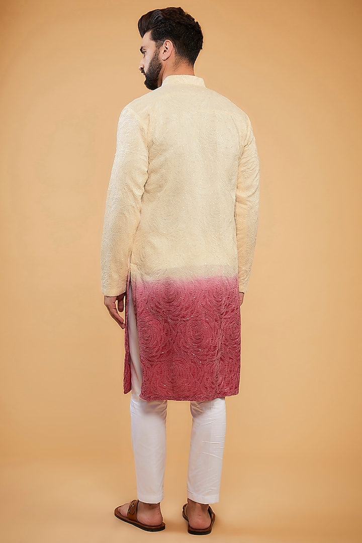 Cream & Fuchsia Pink Ombre Silk Embroidered Chikankari Kurta by Kasbah Clothing at Pernia's Pop Up Shop