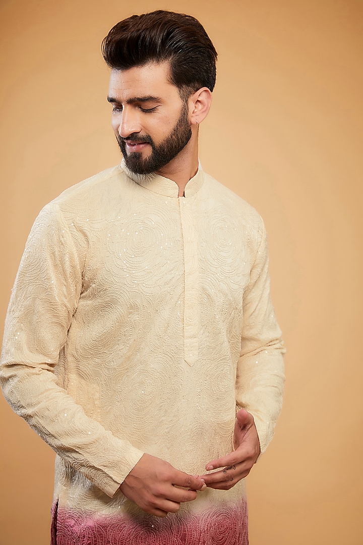 Cream & Fuchsia Pink Ombre Silk Embroidered Chikankari Kurta by Kasbah Clothing at Pernia's Pop Up Shop
